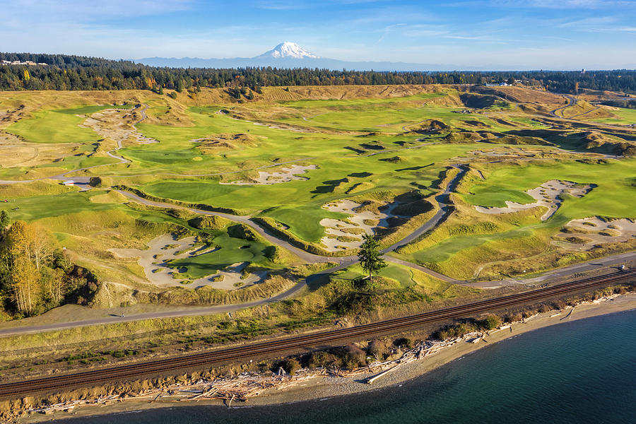 Chambers Bay Golf Course with Mt Rainier Photograph by Mike Centioli