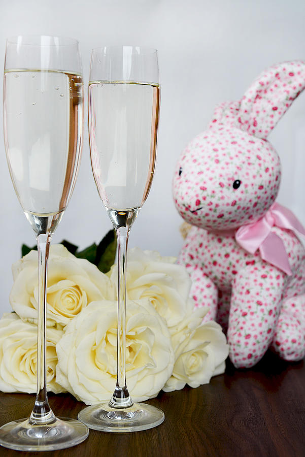 Champagne Glasses, Box of Chocolate, Bunch of White Roses Photograph by Manuta