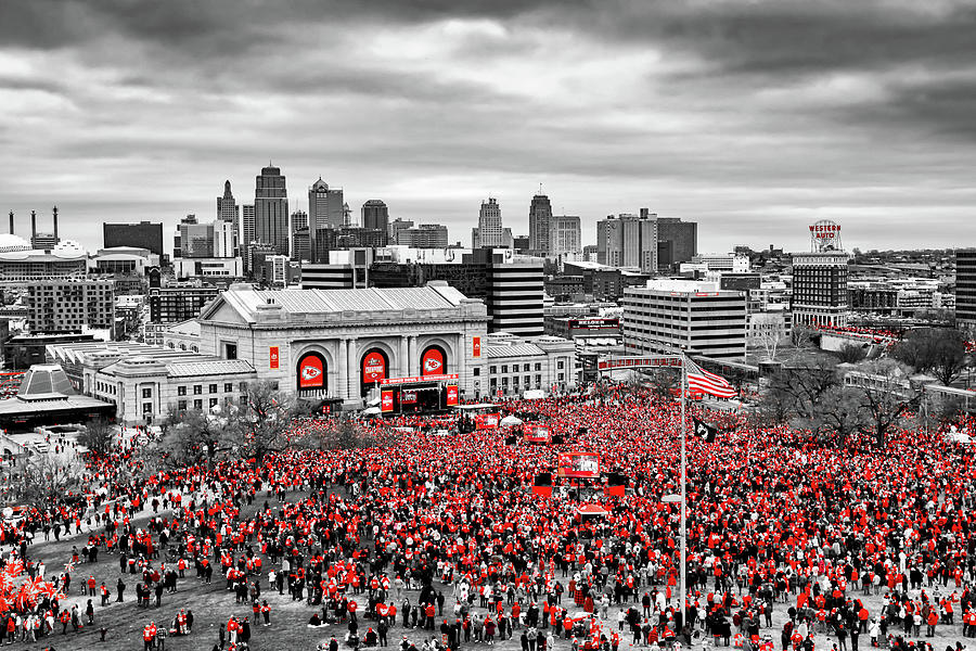 Champions Unite - A Sea Of Red Takes Over Downtown Kansas City - Selective Color Edition Photograph by Gregory Ballos