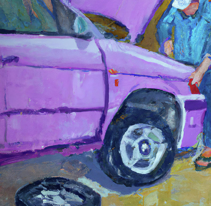 Changing the tire of a Volkwagen Digital Art by Cathy Anderson