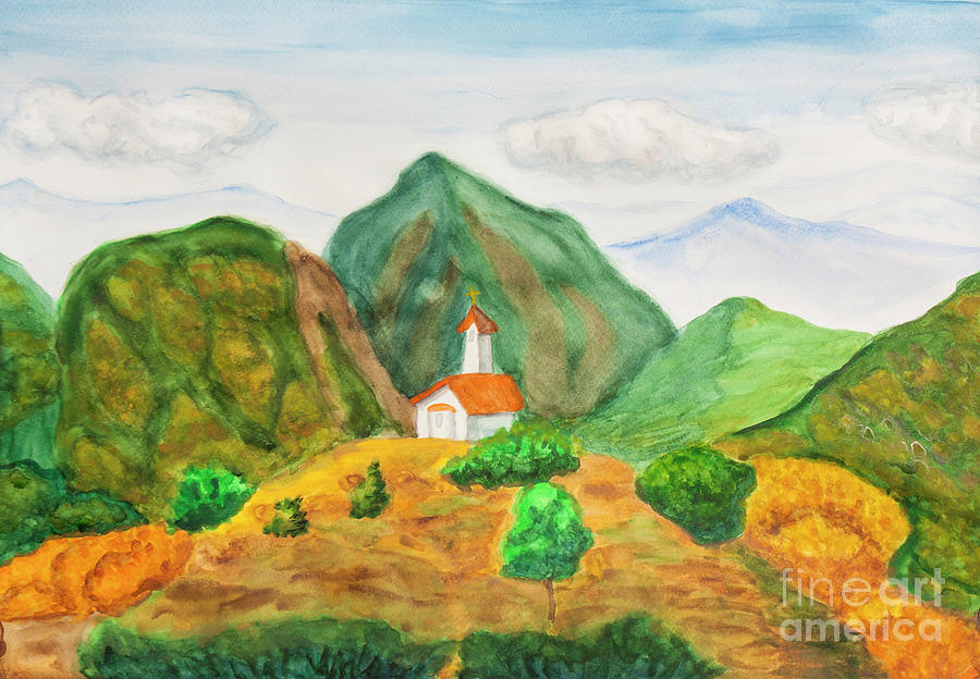 Chapel in mountains, watercolor painting.  Painting by Irina Afonskaya