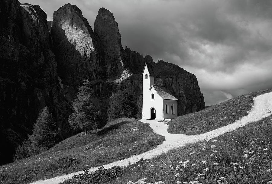 Chapel On Passo Gardena, The Dolomites, Italy Photograph by Sarah Howard