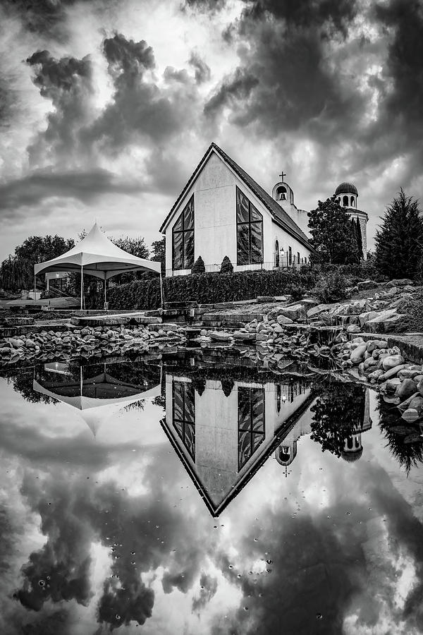 Chapel On The Creeks And Cloudy Skies - Black and White Photograph by Gregory Ballos