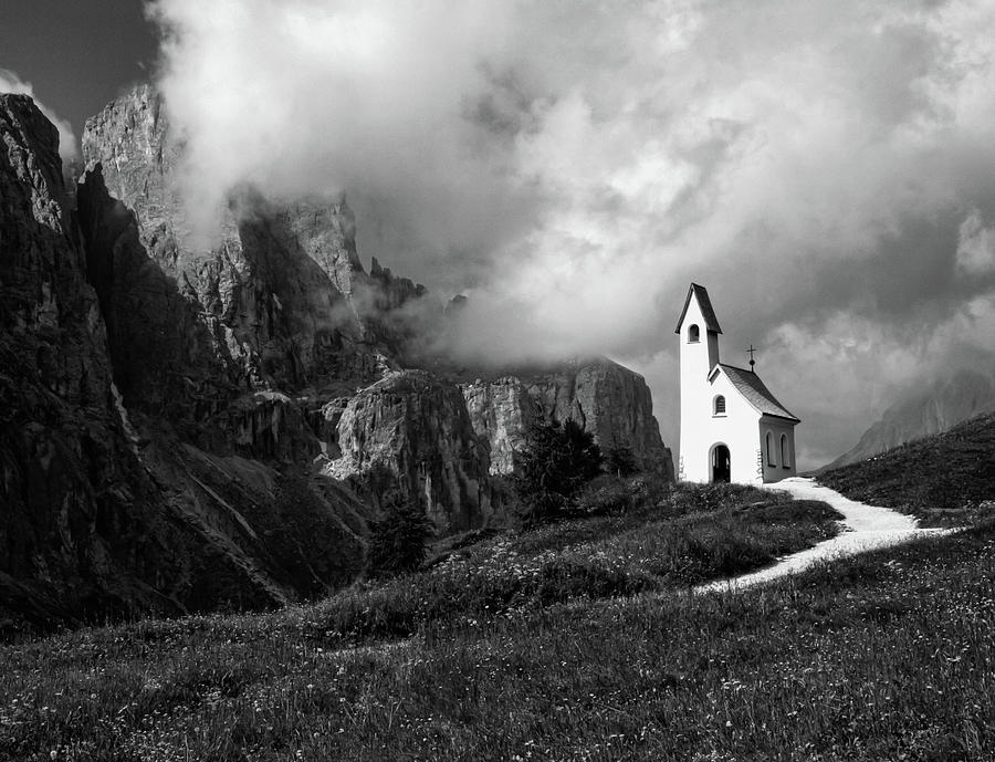 Chapel on the Passo Gardena, Dolomitres, Italy Photograph by Sarah Howard