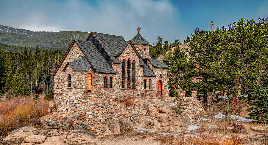 Chapel on the Rock, Estes Park, Painterly Photograph by Marcy Wielfaert