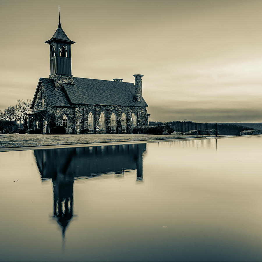 Chapel Reflections At Top of the Rock - Ridgedale Missouri in Sepia Photograph by Gregory Ballos