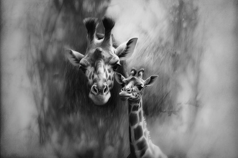 Wildlife Drawing - Charcoal drawing of a giraffe and her calf by David Mohn