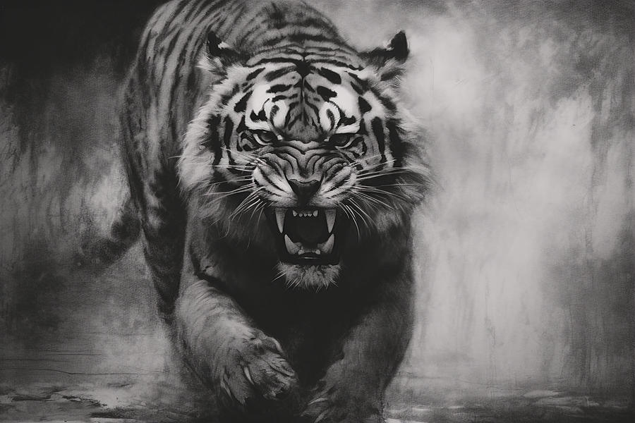 Wildlife Drawing - Charcoal drawing of a tiger in action by David Mohn