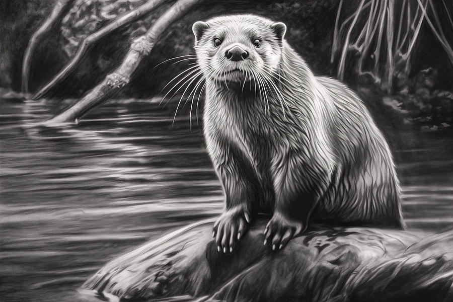 Wildlife Drawing - Charcoal drawing, Otter by David Mohn