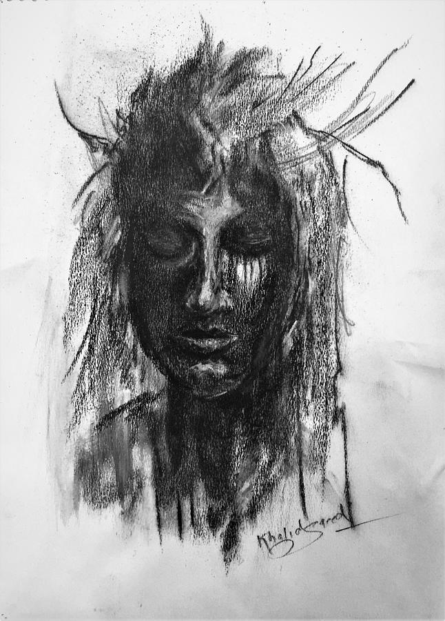 Charcoal face Painting by Khalid Saeed