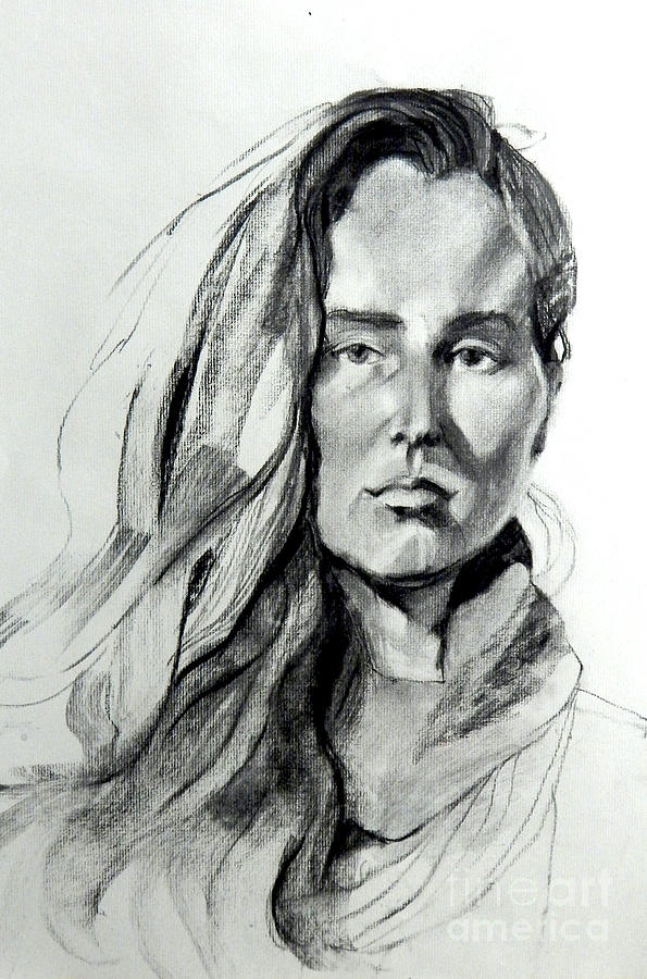 Charcoal Portrait of a young woman with long hair to one side Painting by Greta Corens