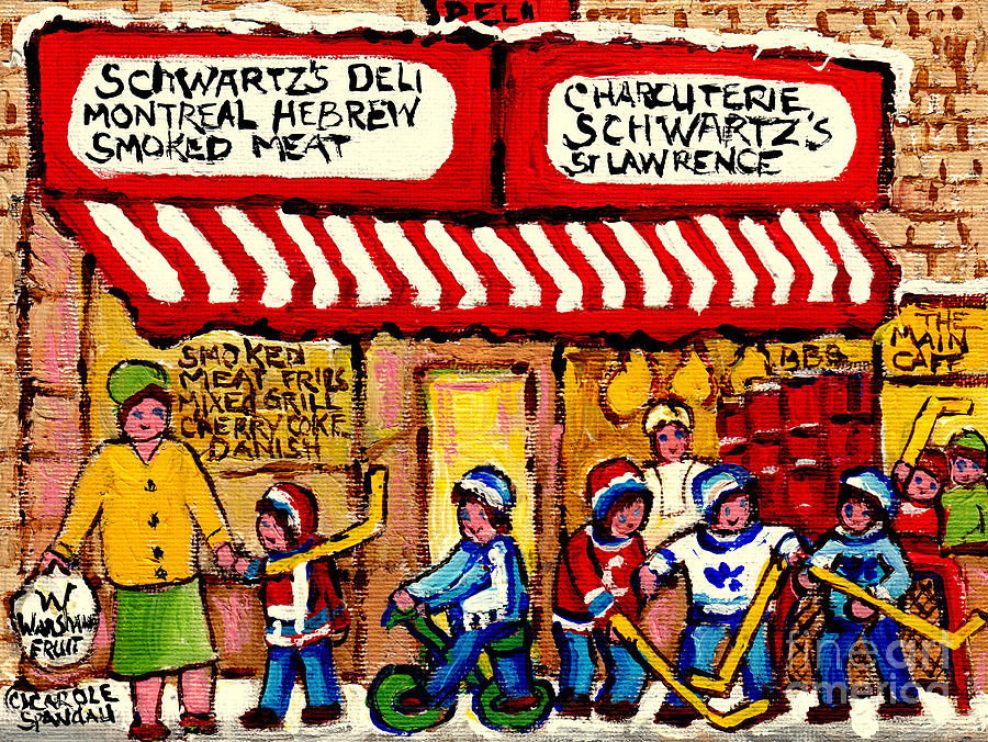 Charcuterie Schwartz Montreal Hebrew Deli Hockey Kids C Spandau Winter Street Scenes Canadian Artist Painting by Carole Spandau