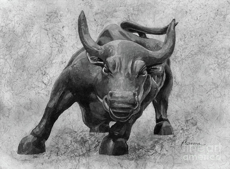 Charging Bull In Black And White Painting