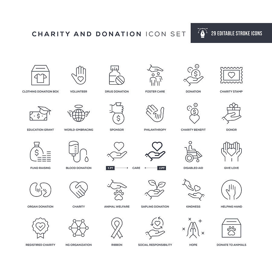 Charity and Donation Editable Stroke Line Icons Drawing by Enis Aksoy