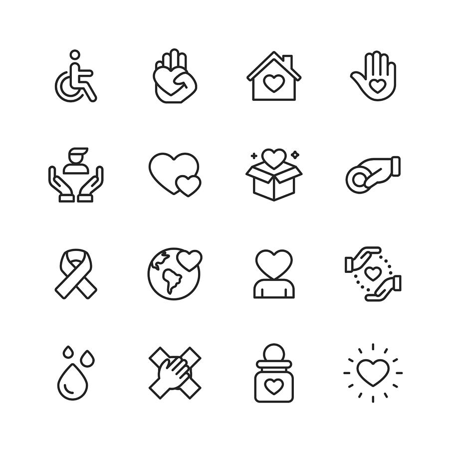 Charity and Donation Line Icons. Editable Stroke. Pixel Perfect. For Mobile and Web. Contains such icons as Charity, Donation, Disability, Giving, Blood Donation, Teamwork. Drawing by Rambo182