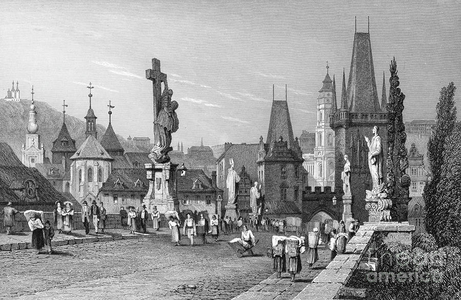 Charles Bridge and the statue of Lutgardis in Prague, Czech Republic Drawing by John Le Keux