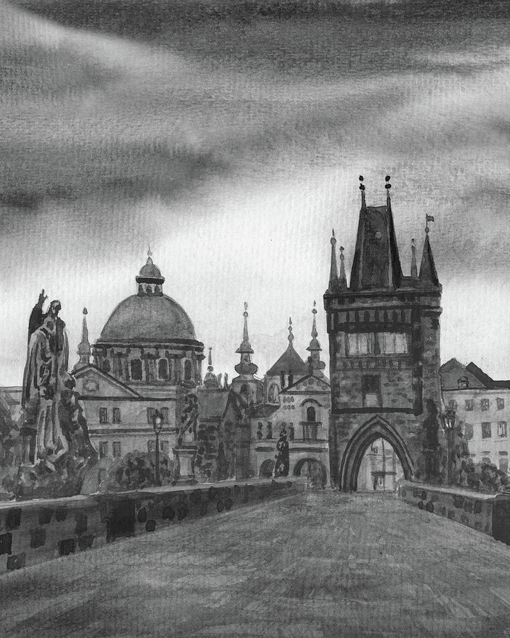 Charles Bridge Czech Republic Prague In Gray  Painting by Irina Sztukowski