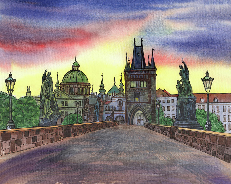 Charles Bridge Prague Czech Republic Watercolor  Painting by Irina Sztukowski