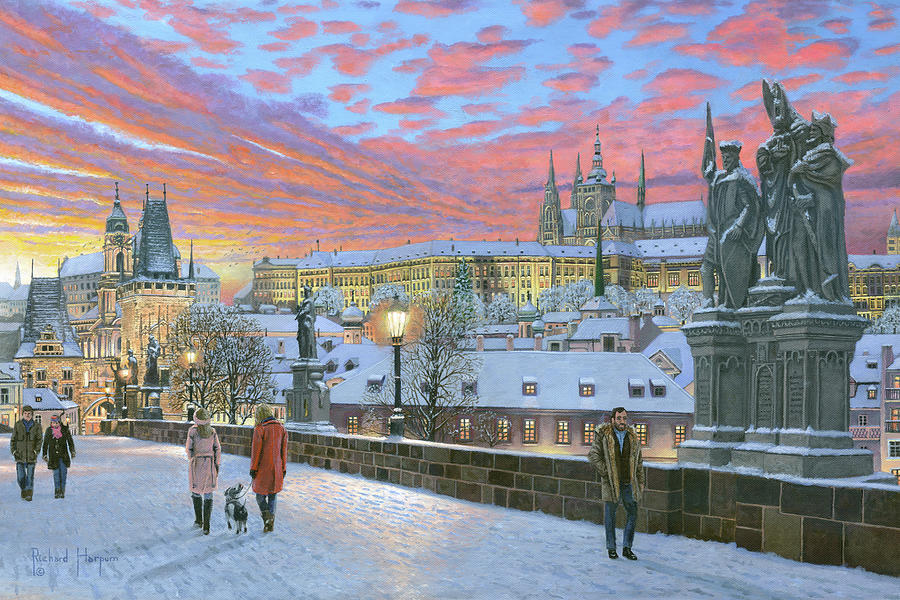 Charles Bridge Prague in Winter Painting by Richard Harpum