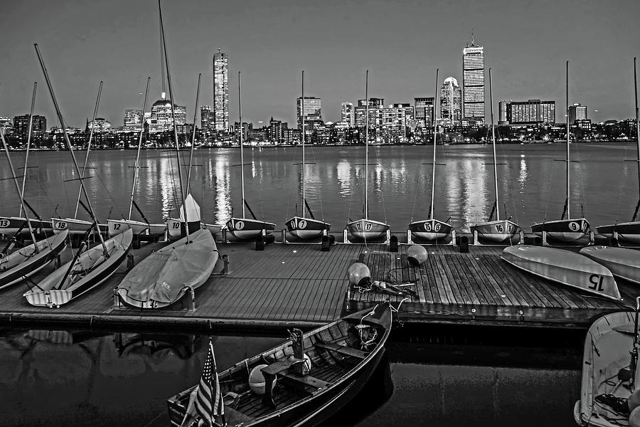 Charles River Boats at Dusk Boston MA Cambridge Black and White Photograph by Toby McGuire