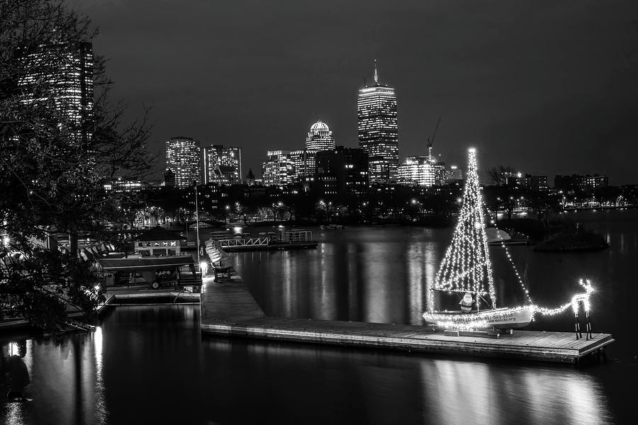 Charles River Boston Christmas Boat Sailing School Black and white Photograph by Toby McGuire
