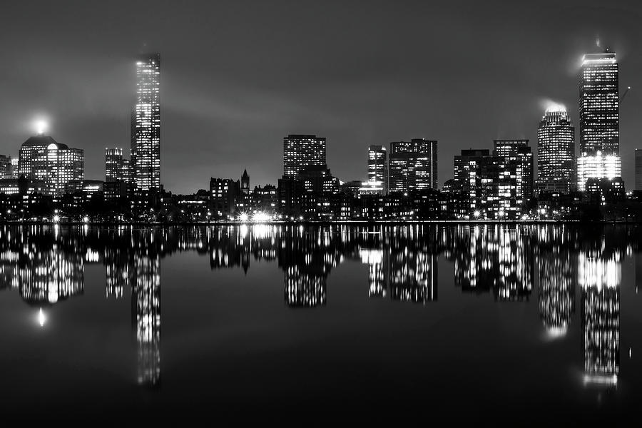 Charles RIver Rainy Night Clear Reflection Black and White Photograph by Toby McGuire