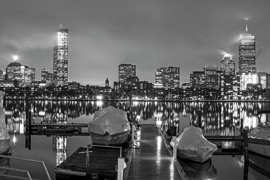 Charles RIver Rainy Night Clear Reflection Pier Black and White Photograph by Toby McGuire