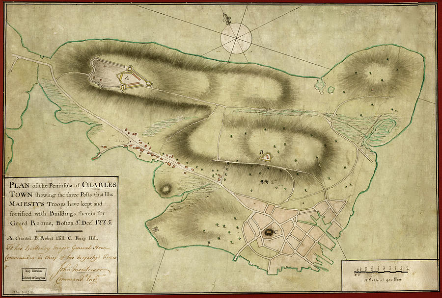 Map Drawing - Charles Town Peninsula posts of His Majestys Forces by Vintage Military Maps