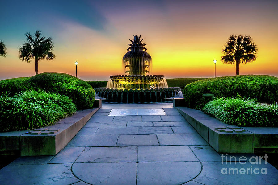 Charleson SC Pineapple Fountain at Sunrise Photograph by Bee Creek Photography - Tod and Cynthia
