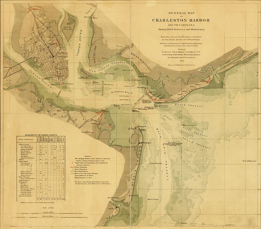 Map Drawing - Charleston Harbor 1865 by Vintage Maps