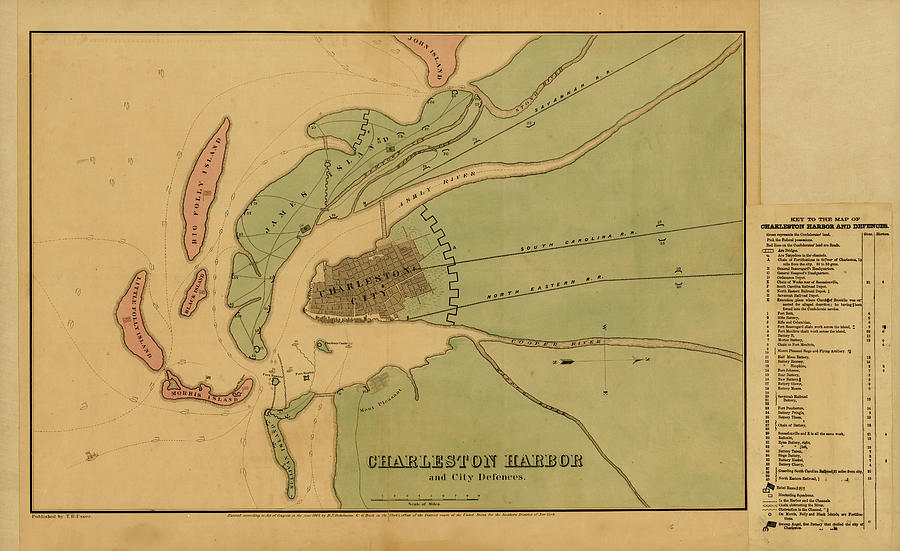 Map Drawing - Charleston Harbor and city defenses 1864 by Vintage Maps