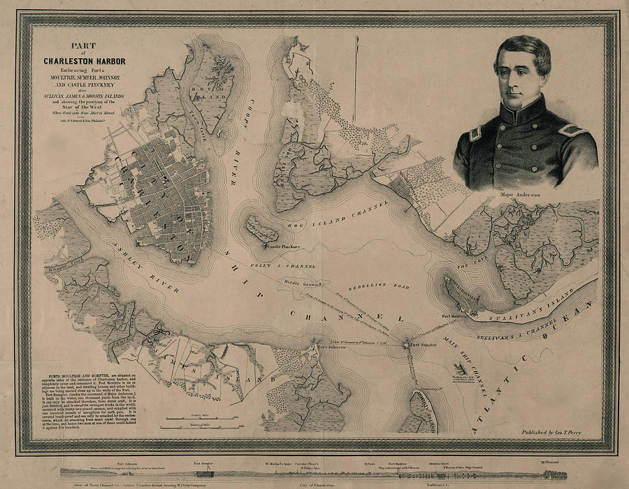 Map Drawing - Charleston Harbor embracing forts Moultrie Sumter Johnson and Castle Pinckney 1861 by Vintage Maps