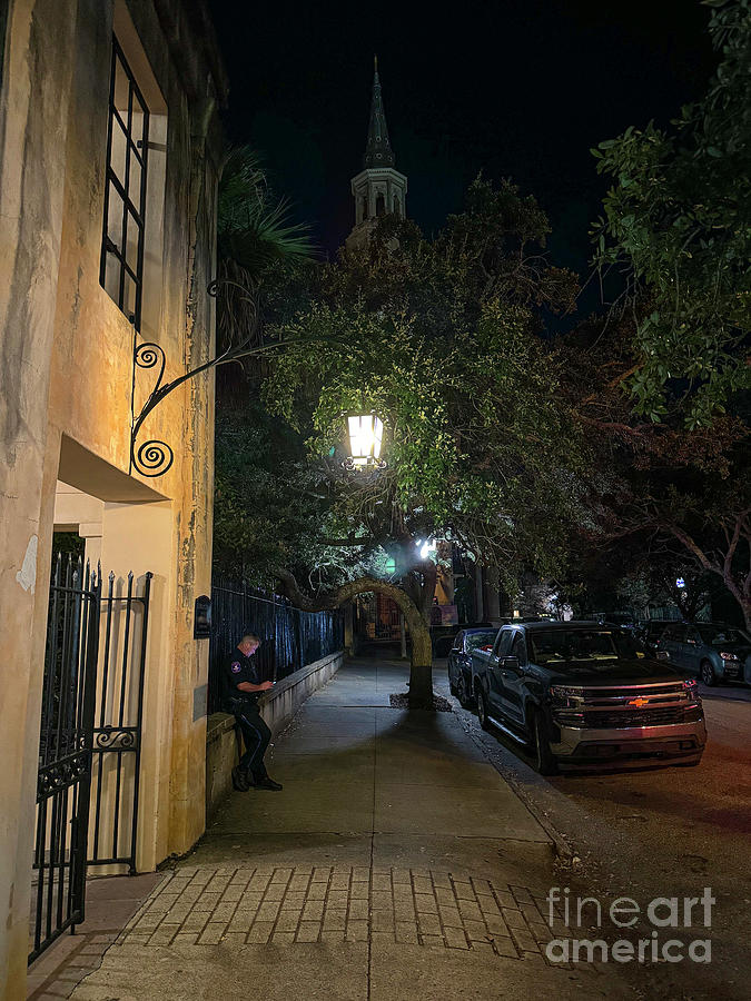 Charleston Night Life - Iron Scroll Lamp Photograph