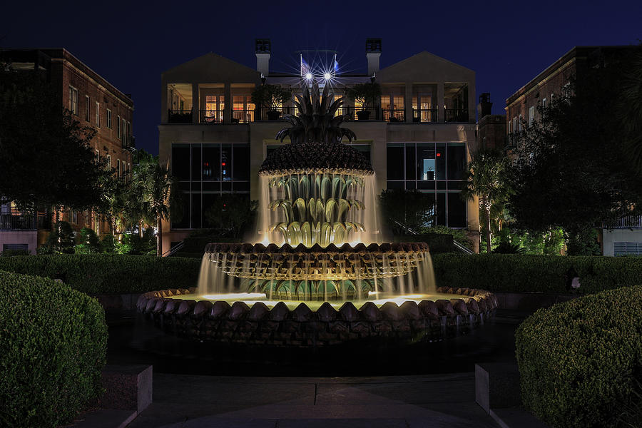 Charleston Pineapple Fountain At Night Photograph by Dan Sproul