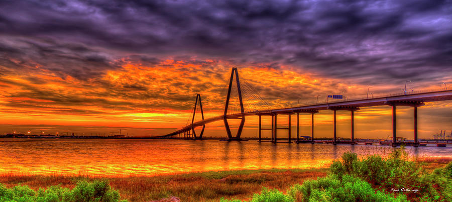 Charleston SC Arthur Ravenel Jr. Bridge Panorama Sunset Charleston Harbor Seascape Art Photograph by Reid Callaway
