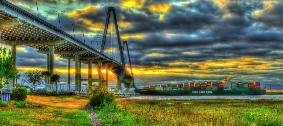 Charleston SC Arthur Ravenel Jr Bridge Sunset 8 Cooper River Charleston Harbor Shipping Seascape Art Photograph by Reid Callaway