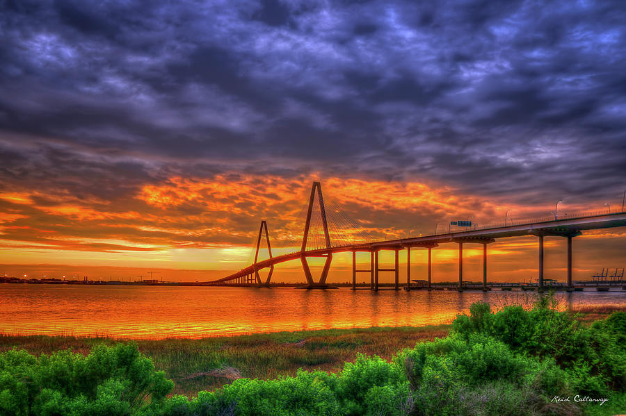 Charleston SC Arthur Ravenel Jr. Bridge Sunset Charleston Harbor Atlantic Ocean Seascape Art Photograph by Reid Callaway