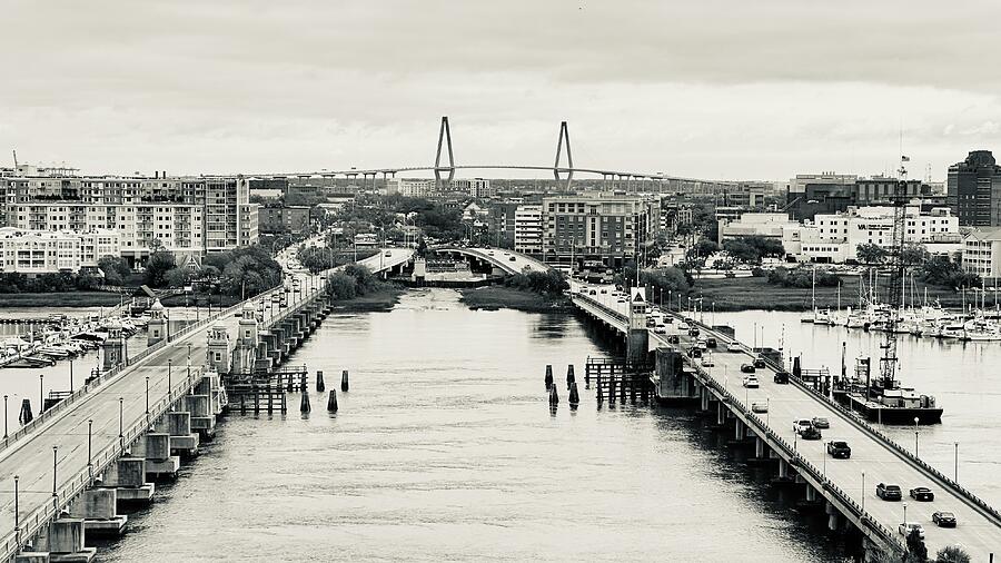 Boat Photograph - Charleston South Carolina Skyline Bridges and Street Scene by Good Focused