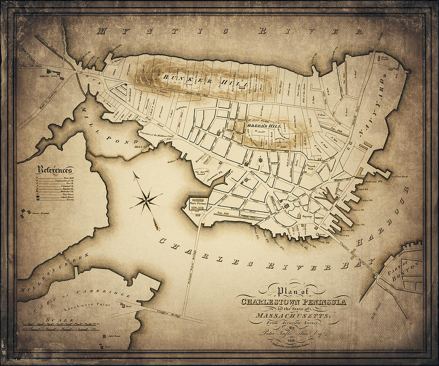 Boston Photograph - Charlestown Peninsula Boston Massachusetts Vintage Map 1818 Sepia by Carol Japp