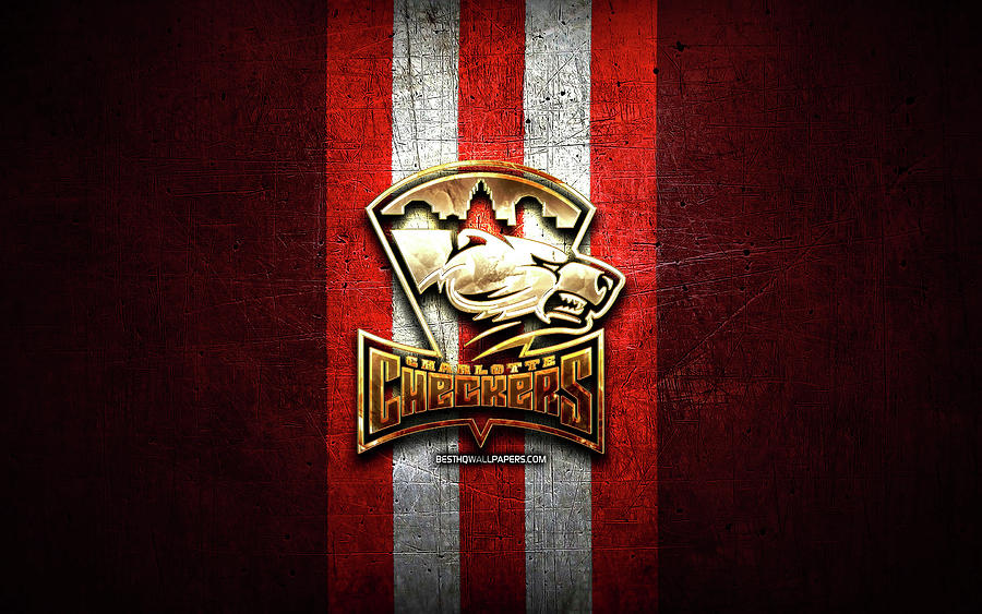 Charlotte Checkers golden logo AHL red metal background american hockey ...