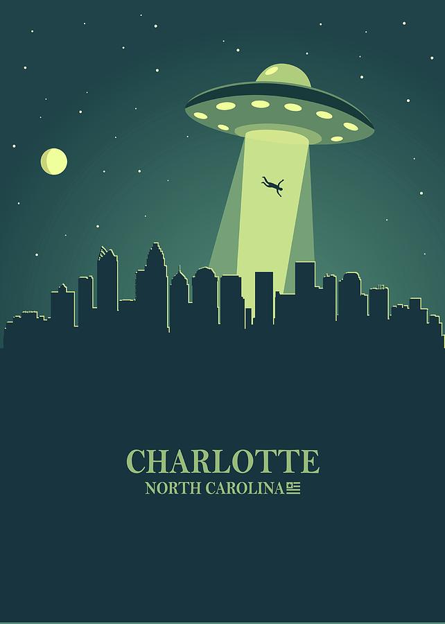 Charlotte City Skyline Ufo Night Digital Art