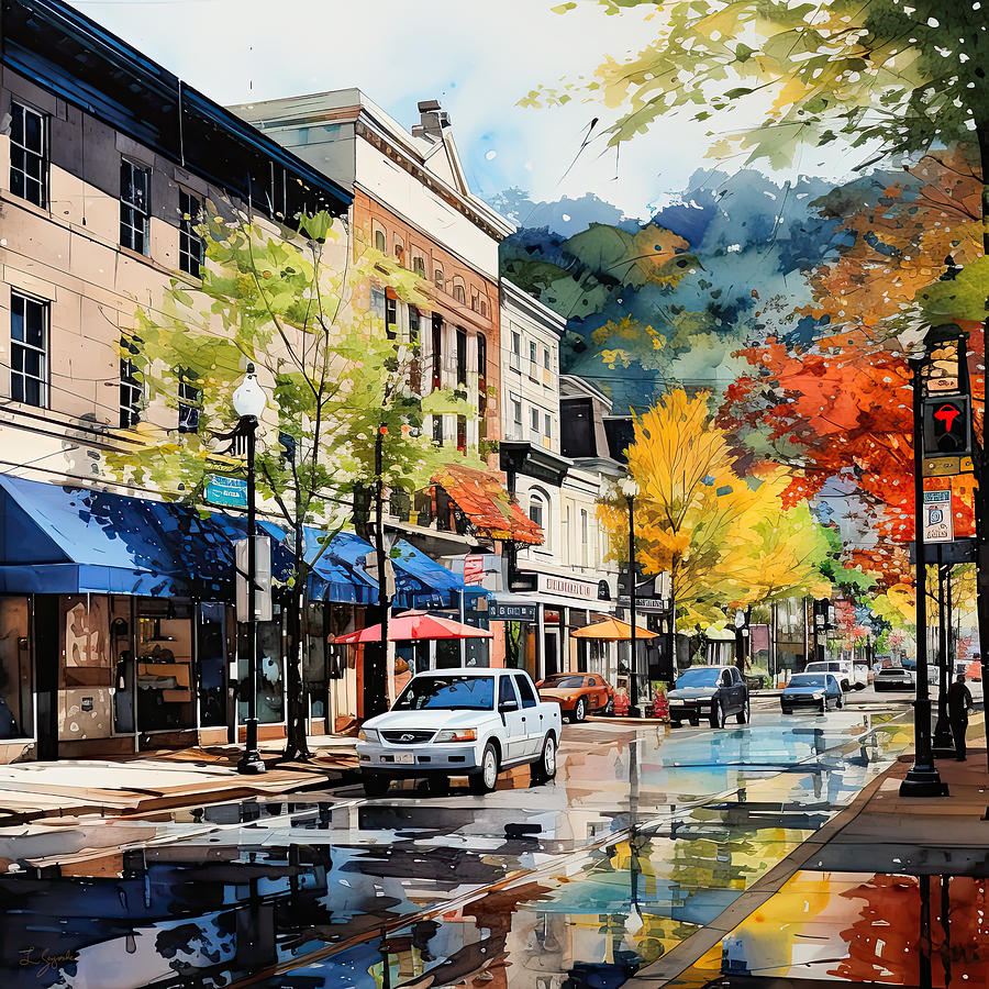 Charming Downtown Scene in the Fall Painting by Lourry Legarde