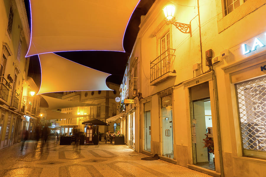 Charming Faro Algarve Portugal - Nighttime Shopping Street with Cool Canvas Awnings Photograph by Georgia Mizuleva