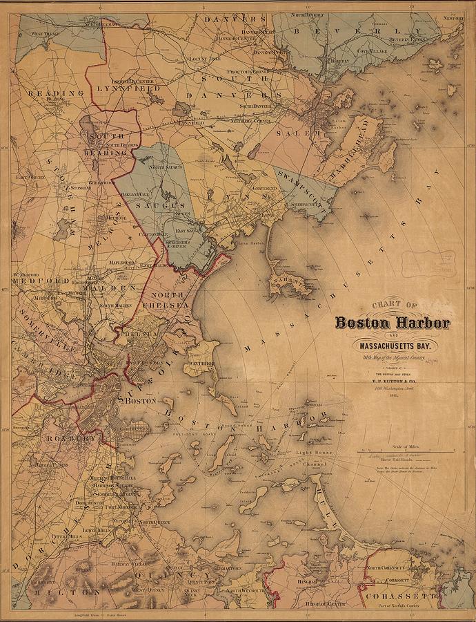 Chart of Boston Harbor and Massachusetts Bay 1865 Drawing by Linda