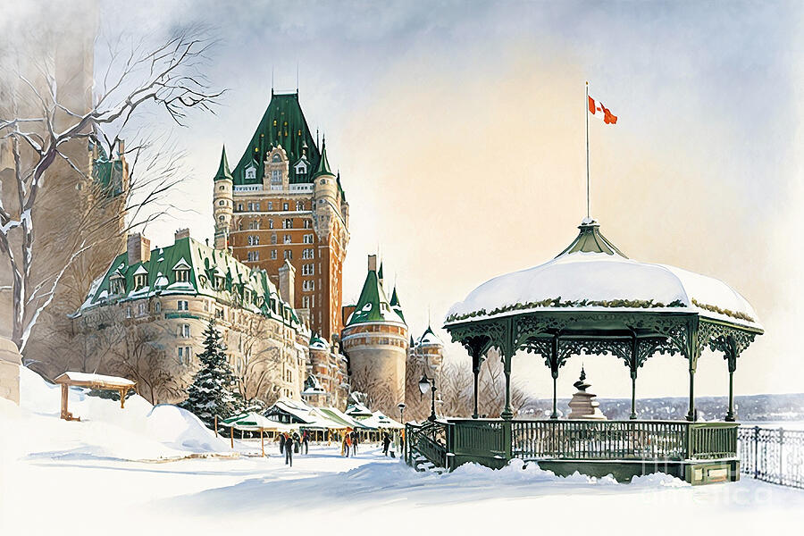 Chateau Frontenac, Quebec City in winter watercolor Painting by Delphimages Photo Creations