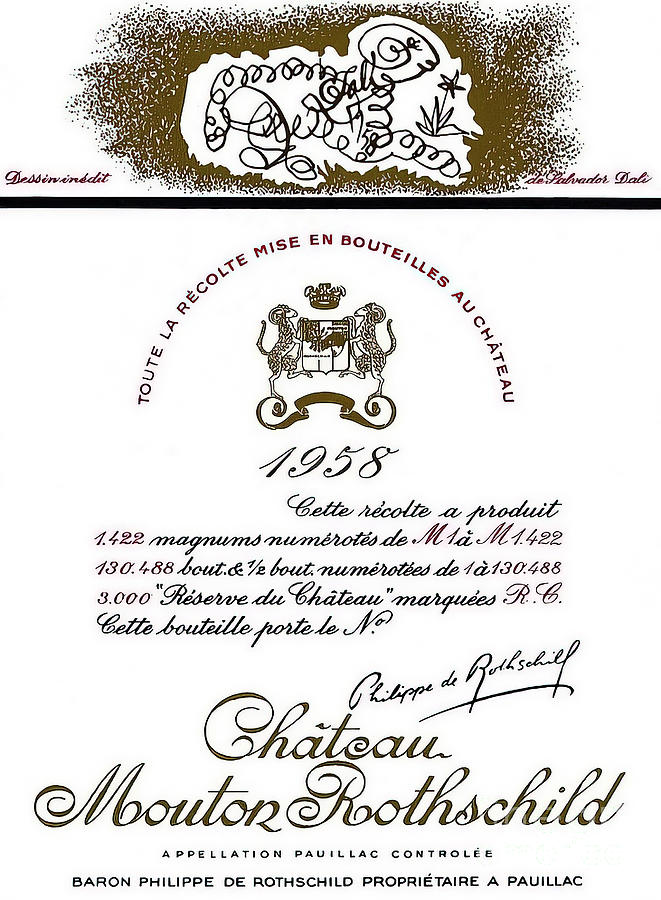 Chateau Mouton Rothschild 1958 Wine Label Artwork by Salvador Dali Drawing by Salvador Dali