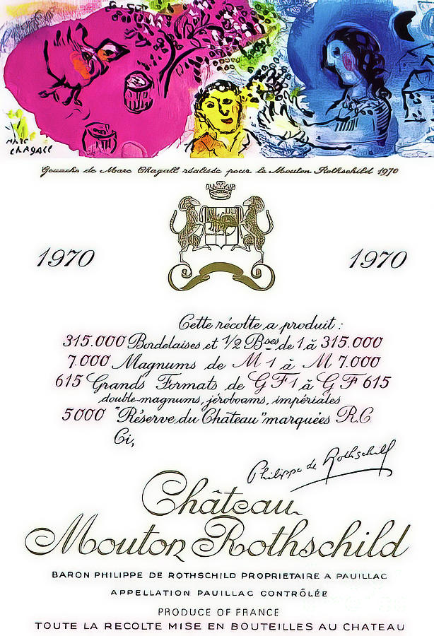 Chateau Mouton Rothschild 1970 Wine Label Artwork by Marc Chagall Drawing by Marc Chagall