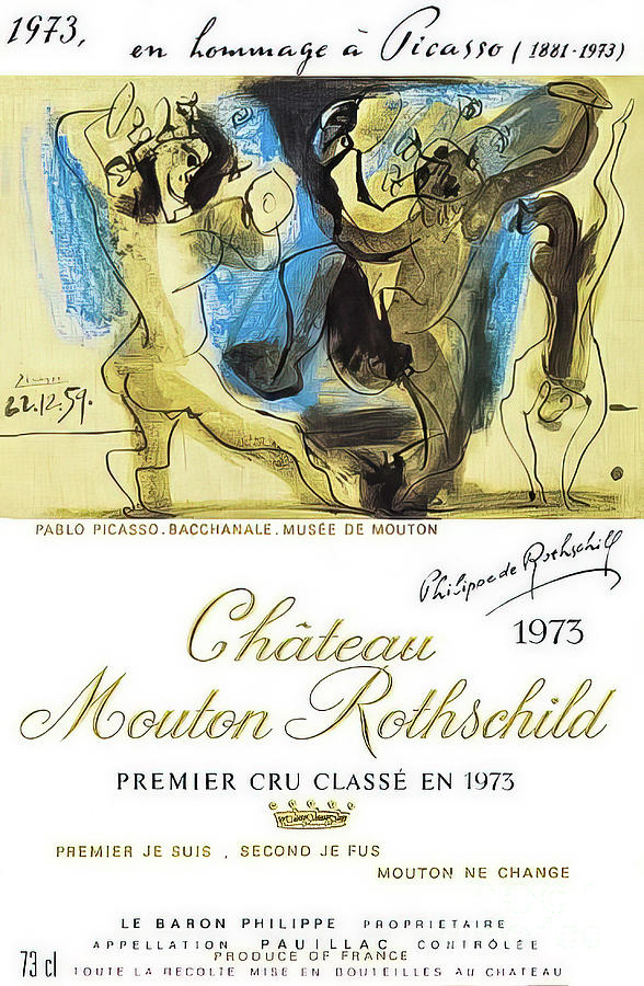 Wine Drawing - Chateau Mouton Rothschild 1973 Wine Label Artwork by Pablo Picasso by Pablo Picasso