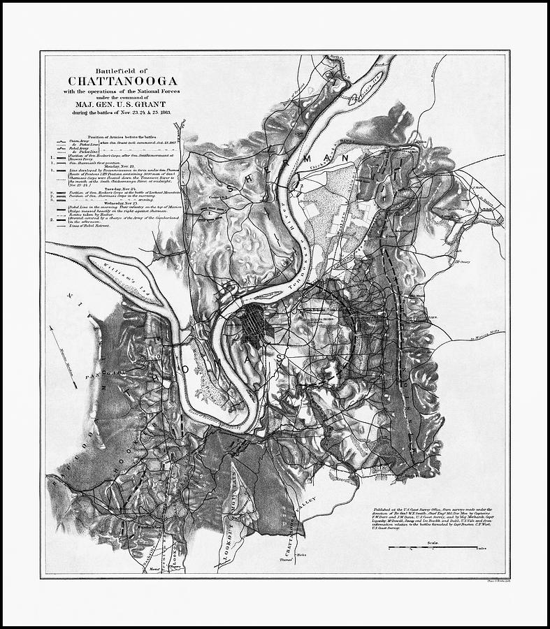 Vintage Photograph - Chattanooga Battlefield Vintage Map 1863 Black and White  by Carol Japp