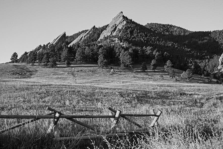 Chautauqua Park Fence Flatirons Boulder Colorado in the Morning Light Black and White Photograph by Toby McGuire